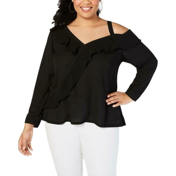INC International Concepts Tops - NWT INC Sz 4X Black Ruffled One Shoulder Top Sheer